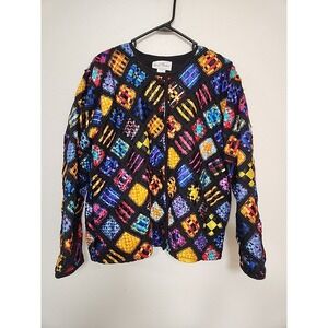 Vtg Women's Soul Mates Ribbon Woven‎ Jacket Colorful Patchwork Granny Square Lg